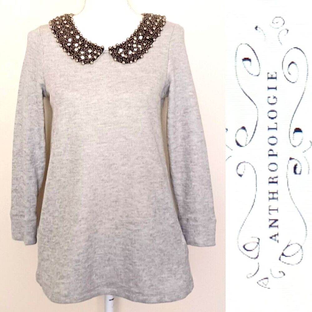 NWT $88 Anthropologie Gray Cotton Tunic Beaded Collar Ribbon Tie Back Sz S
